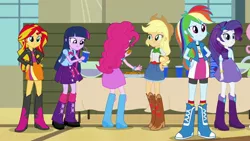 Size: 1920x1080 | Tagged: safe, derpibooru import, screencap, applejack, fluttershy, pinkie pie, rainbow dash, rarity, sunset shimmer, twilight sparkle, equestria girls, rainbow rocks, backpack, boots, bowtie, bracelet, clothes, cookie, cowboy hat, cup, hand on hip, hat, high heel boots, humane five, humane seven, humane six, humans doing horse things, jacket, jewelry, leather jacket, mane six, punch (drink), punch bowl, rear view, skirt, socks, table, wristband