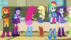 Size: 1920x1080 | Tagged: safe, derpibooru import, applejack, fluttershy, pinkie pie, rainbow dash, rarity, sunset shimmer, twilight sparkle, equestria girls, rainbow rocks, backpack, boots, bowtie, bracelet, clothes, cookie, cowboy boots, cup, hand on hip, high heel boots, humane five, humane seven, humane six, humans doing horse things, jacket, jewelry, leather jacket, mane six, plate, punch (drink), punch bowl, rear view, skirt, socks, table, wristband