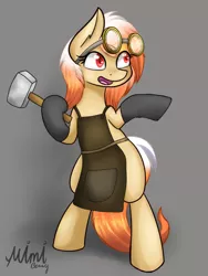 Size: 3000x4000 | Tagged: safe, artist:milkychocoberry, derpibooru import, oc, oc:milky chocoberry, oc:mimi berry, unofficial characters only, pony, blacksmith, blank flank, clothes, female, goggles, hammer, mare, simple background, solo