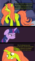 Size: 745x1293 | Tagged: ancient bards, cringing, derpibooru import, mary sue, oc, oc:force magnitude, safe, twilight sparkle, villain song