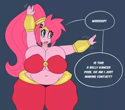 Size: 1280x1120 | Tagged: alternate hairstyle, anthro, artist:somescrub, bbw, belly button, belly dancer, big breasts, bloodborne, breasts, busty pinkie pie, chubby, cleavage, clothes, cosplay, costume, derpibooru import, dialogue, fat, female, genie, huge breasts, hugtastic pinkie pie, make contact, midriff, open mouth, pinkie pie, pudgy pie, shantae, shantae (character), solo, solo female, speech bubble, suggestive, thunder thighs, wide hips