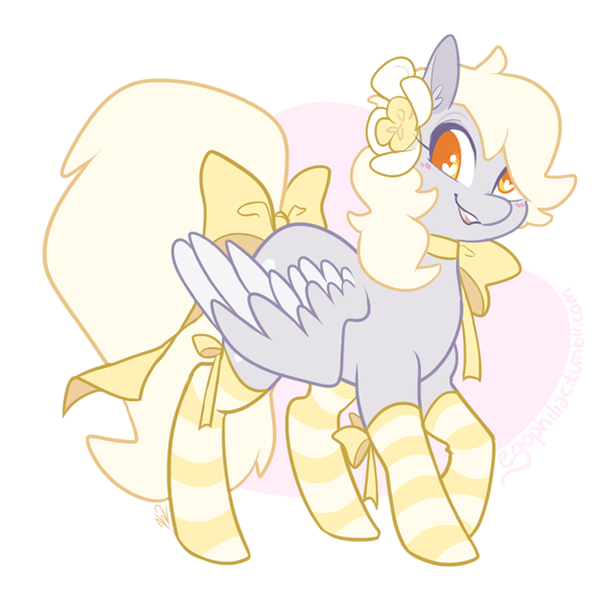 Size: 733x730 | Tagged: safe, artist:egophiliac, derpibooru import, derpy hooves, pegasus, pony, abstract background, alternate hairstyle, bow, clothes, colored pupils, cute, flower, flower in hair, heart eyes, raised hoof, ribbon, smiling, socks, solo, striped socks, tail bow, wingding eyes