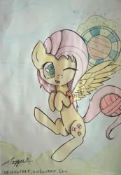 Size: 1092x1580 | Tagged: safe, artist:aneonart, derpibooru import, fluttershy, pegasus, pony, ball, basket, buckball, color correction, cropped, floating, hooves to the chest, levitation, magic, midair, one eye closed, open mouth, prehensile tail, smiling, solo, spread wings, telekinesis, traditional art, wings