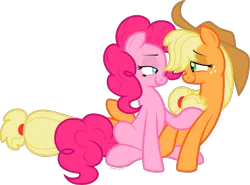 Size: 1619x1200 | Tagged: safe, artist:storfulsten, derpibooru import, applejack, pinkie pie, pony, applepie, eye contact, female, lesbian, lidded eyes, looking at each other, shipping, simple background, transparent background