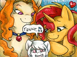 Size: 700x521 | Tagged: safe, artist:kaemantis, deleted from derpibooru, derpibooru import, adagio dazzle, sunset shimmer, oc, oc:snowshine, pony, adopted offspring, chest fluff, cute, female, lesbian, open mouth, parent:adagio dazzle, parent:sunset shimmer, parents:sunsagio, shipping, signature, sunsagio