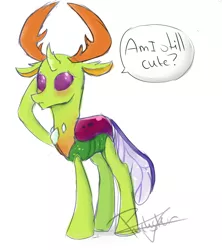 Size: 1612x1812 | Tagged: artist:pucksterv, blushing, changedling, changeling, cute, derpibooru import, dialogue, floppy ears, frown, king thorax, looking away, male, question, safe, shy, signature, simple background, solo, speech bubble, thorabetes, thorax, white background