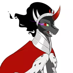 Size: 750x750 | Tagged: safe, artist:its-gloomy, derpibooru import, king sombra, pony, unicorn, cape, clothes, crown, fangs, jewelry, looking back, male, open mouth, red eyes, regalia, simple background, solo, stallion