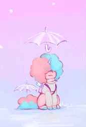 Size: 683x1000 | Tagged: safe, artist:stardrawsponies, derpibooru import, oc, oc:sugarush, unofficial characters only, food pony, original species, pony, unicorn, afro, ambiguous gender, backpack, clothes, food, horn, rain, simple background, smiling, solo, sweater, umbrella