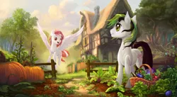 Size: 5396x2948 | Tagged: safe, artist:devinian, derpibooru import, oc, oc:toko yakkai, oc:trance sequence, unofficial characters only, earth pony, pegasus, pony, absurd resolution, commission, daytime, fence, garden, gardening, house, male, pumpkin, scenery, scenery porn, stallion, tree