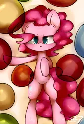 Size: 2882x4225 | Tagged: safe, artist:bloodatius, derpibooru import, pinkie pie, earth pony, pony, absurd resolution, bored, female, looking at you, lying down, mare, on back, solo, tired