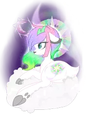 Size: 2480x3507 | Tagged: safe, artist:red_moonwolf, derpibooru import, oc, oc:winter aurora, unofficial characters only, deer, deer pony, original species, colored pupils, deer oc, doe, ethereal mane, female, horns, image, plot, png, prone, resting, simple background, transparent background, underhoof