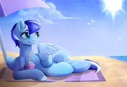 Size: 3780x2600 | Tagged: safe, artist:magnaluna, derpibooru import, oc, oc:ocean breeze, unofficial characters only, bird, pegasus, pony, beach, cloud, commission, drink, male, sand, sky, smiling, solo, stallion, straw, sun, umbrella, water