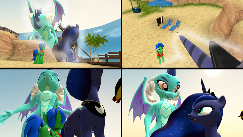 Size: 3861x2187 | Tagged: safe, artist:scalelover, artist:shrunkenlover, derpibooru import, princess ember, princess luna, oc, oc:prince lightning chaser, alicorn, dragon, pony, 3d, accidentally, alicorn oc, growth, macro, mega luna