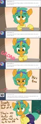 Size: 2000x6000 | Tagged: safe, artist:kryptchild, derpibooru import, snails, oc, oc:wagram, duck, pony, ask glitter shell, comic:when aero met glitter, absurd resolution, alternate hairstyle, angry, ask, clothes, comic, crossdressing, cute, disgusted, glitter shell, headband, hoodie, looking down, offscreen character, pantyhose, pleated skirt, skirt, solo, tumblr, window