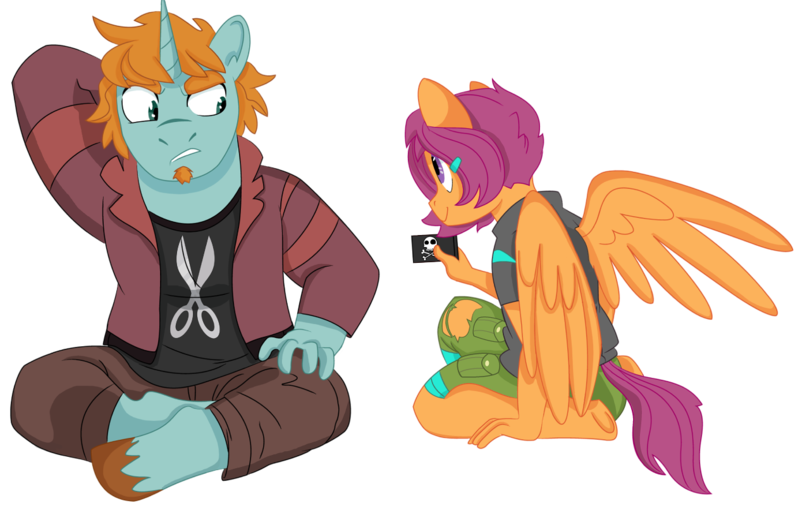 Size: 1265x804 | Tagged: safe, artist:dbkit, derpibooru import, scootaloo, snips, anthro, unguligrade anthro, clothes, equestria girls outfit, female, male, older, older scootaloo, older snips, pants, rear view, scootasnips, shipping, shorts, simple background, story in the source, story included, straight, torn clothes, transparent background, underhoof