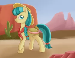 Size: 1024x796 | Tagged: safe, artist:dusthiel, derpibooru import, idw, calamity mane, earth pony, pony, braid, cactus, clothes, colored pupils, cowboy hat, desert, female, hat, looking back, mare, raised hoof, solo