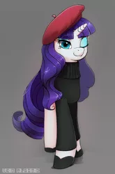 Size: 844x1280 | Tagged: safe, artist:veinalgonic, derpibooru import, rarity, pony, unicorn, sweet and elite, beatnik rarity, beret, clothes, female, gray background, hat, mare, one eye closed, shoes, simple background, smiling, solo, sweater, wink