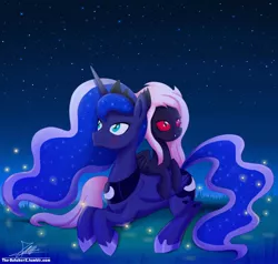 Size: 1896x1804 | Tagged: source needed, safe, artist:the-butch-x, derpibooru import, princess luna, oc, oc:midnight ruby, bat pony, pony, blushing, canon x oc, cuddling, cute, implied lesbian, implied shipping, night, red eyes, stars