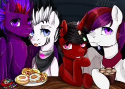 Size: 1400x1000 | Tagged: safe, artist:ritter, derpibooru import, oc, oc:bluelight, oc:purple force, oc:whitestar, oc:zerus, unofficial characters only, alicorn, pegasus, pony, zebra, alicorn oc, bandana, candy, clothes, collar, food, looking at you, male, muffin, scarf, sitting, smiling, spread wings, table, tongue out, wings