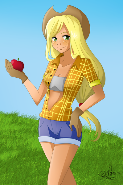 Size: 2056x3088 | Tagged: apple, applejack, artist:nasuki100, clothes, cute, derpibooru import, female, food, fruit, gloves, grass, high res, human, humanized, light skin, obligatory apple, safe, shorts, solo