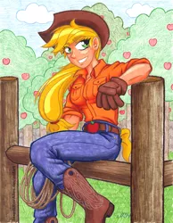 Size: 720x927 | Tagged: safe, artist:texasuberalles, derpibooru import, applejack, human, apple tree, boots, colored pencil drawing, female, fence, grin, humanized, looking at you, marker drawing, rope, sitting, smiling, solo, traditional art, tree