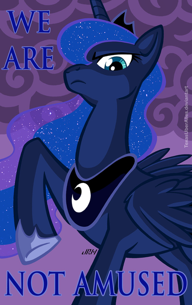 Size: 720x1140 | Tagged: safe, artist:texasuberalles, derpibooru import, princess luna, alicorn, pony, looking at you, luna is not amused, raised hoof, reaction image, royal we, solo, stormcloud, unamused