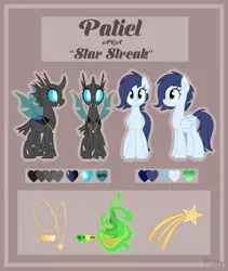 Size: 2800x3311 | Tagged: safe, artist:kellythedrawinguni, derpibooru import, oc, oc:patiel, oc:star streak, unofficial characters only, changeling, pegasus, pony, female, high res, jewelry, mare, necklace, reference sheet