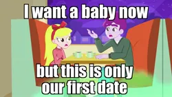 Size: 1280x720 | Tagged: safe, derpibooru import, edit, edited screencap, screencap, concord gumdrop, paula grindhouse, equestria girls, rainbow rocks, background human, date, female, image macro, male, meme, restaurant