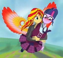 Size: 3000x2800 | Tagged: safe, artist:yinglongfujun, derpibooru import, sci-twi, sunset shimmer, twilight sparkle, equestria girls, blushing, clothes, crystal prep academy uniform, crystal wings, cute, female, flying, glasses, holding, lesbian, school uniform, scitwishimmer, shipping, sunsetsparkle