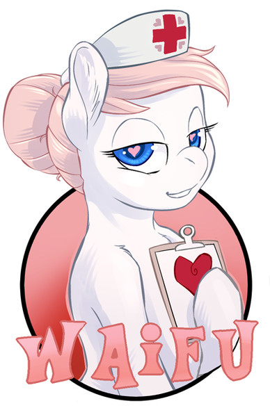 Size: 413x638 | Tagged: safe, artist:hobbes-maxwell, derpibooru import, nurse redheart, earth pony, pony, celestia redux, clipboard, female, heart eyes, lidded eyes, looking at you, mare, smiling, solo, waifu, waifu badge, wingding eyes