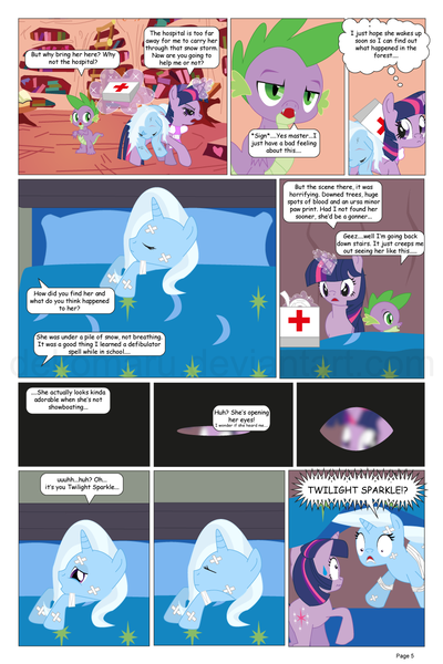 Size: 864x1296 | Tagged: safe, artist:dekomaru, derpibooru import, spike, trixie, twilight sparkle, dragon, pony, unicorn, comic:the greatest gift, artifact, bandage, bed, comic, female, first aid kit, magic, mare