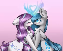 Size: 1250x1000 | Tagged: safe, artist:magicalbrownie, derpibooru import, oc, oc:amanda, oc:magical brownie, unofficial characters only, alicorn, pony, unicorn, blushing, colored pupils, cute, female, gradient background, horns are touching, lesbian, mare, oc x oc, shipping, sitting