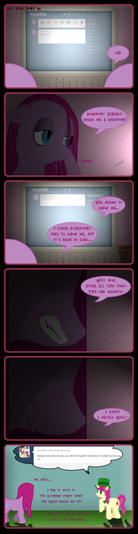 Size: 800x3095 | Tagged: safe, artist:underwoodart, derpibooru import, pinkie pie, oc, oc:ella elixir, pony, ask pink-pony, comic, computer, crying, keyboard, pinkamena diane pie, tumblr