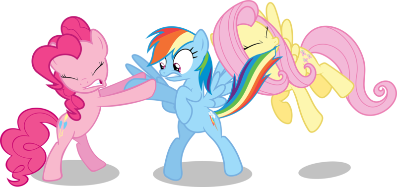 Size: 3060x1441 | Tagged: safe, artist:shutterflyeqd, derpibooru import, fluttershy, pinkie pie, rainbow dash, pony, bipedal, biting, hoof grab, image, love triangle, png, ship-to-ship combat, simple background, tail, tail bite, tail pull, transparent background, tug of war, vector