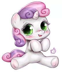 Size: 406x470 | Tagged: safe, artist:catmag, derpibooru import, sweetie belle, pony, unicorn, cute, diasweetes, female, filly, looking at you, open mouth, simple background, sitting, smiling, solo
