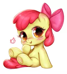Size: 400x442 | Tagged: safe, artist:catmag, derpibooru import, apple bloom, earth pony, pony, adorabloom, bow, cute, female, filly, hair bow, looking at you, open mouth, simple background, sitting, smiling, solo
