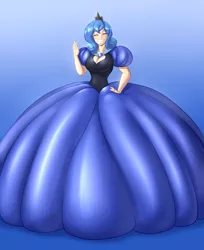 Size: 2094x2560 | Tagged: artist:hyperstorm_h, artist:toughset, breasts, cleavage, clothes, colored, color edit, cute, derpibooru import, dress, edit, expy, gown, human, humanized, impossibly large dress, lunabetes, luna of atlantis, pageant wave, princess, princess luna, s1 luna, safe, shiny, smiling, smiling at you, waving