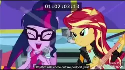 Size: 1366x768 | Tagged: safe, derpibooru import, screencap, sci-twi, sunset shimmer, twilight sparkle, eqg summertime shorts, equestria girls, get the show on the road, leak, bowtie, bus, cute, duo, electric guitar, eyes closed, flying v, glasses, guitar, lidded eyes, microphone, ponied up, russian, scitwilicorn, sunset shredder, the rainbooms tour bus, twiabetes, youtube link