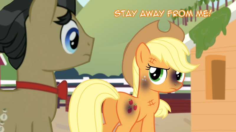 Size: 1920x1080 | Tagged: abuse, abuse edit, applejack, artist:mrerzebra92, black eye, bruised, comic:applejack - life of hell, derpibooru import, edit, filthy rich, jackabuse, semi-grimdark