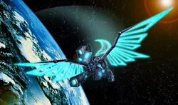 Size: 1920x1126 | Tagged: safe, artist:aprion, derpibooru import, oc, unofficial characters only, pony, robot, robot pony, blaster, earth, flying, glowing eyes, planet, solo, space, spread wings, stars, sun, weapon, wings