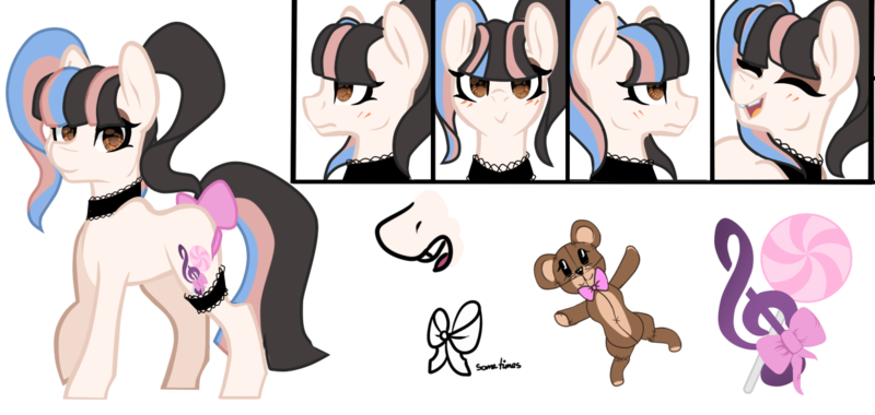 Size: 1247x593 | Tagged: safe, artist:xxmissteaxx, derpibooru import, oc, oc:melanie martinez, unofficial characters only, earth pony, pony, bow, choker, female, garter, mare, reference sheet, solo, tail bow