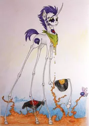 Size: 1701x2404 | Tagged: safe, artist:david-lacroix, derpibooru import, oc, oc:riona, unofficial characters only, parasprite, pony, unicorn, curved horn, female, fine art parody, impossibly long legs, long legs, mare, salvador dalí, solo, traditional art