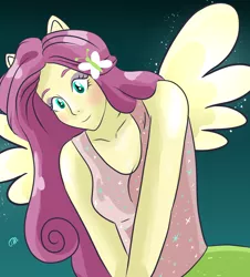 Size: 2480x2742 | Tagged: safe, artist:teopaca, derpibooru import, fluttershy, equestria girls, blushing, clothes, cute, female, ponied up, skirt, smiling, solo, sparkling, tanktop