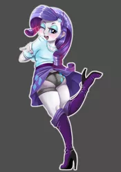 Size: 1142x1630 | Tagged: suggestive, artist:dankflank, derpibooru import, rarity, equestria girls, ass, blushing, boots, butt, clothes, cutie mark underwear, female, garter, gray background, gray underwear, high heel boots, high heels, jewelry, looking at you, looking back, maicching machiko sensei, nail polish, necklace, one eye closed, open mouth, panties, pinup, raised leg, rear view, rearity, shoes, simple background, skirt, skirt lift, solo, solo female, thighs, underwear, upskirt, wink