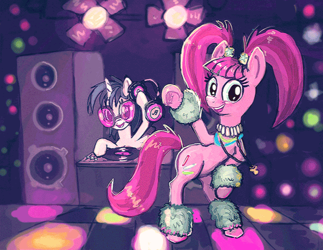 Size: 640x496 | Tagged: safe, artist:agm, derpibooru import, pacific glow, vinyl scratch, earth pony, pony, unicorn, animated, cute, dance floor, duo, gif, glowbetes, headphones, looking at you, seizure warning, smiling, turntable, vinylbetes