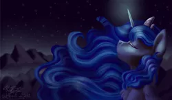 Size: 1238x722 | Tagged: safe, artist:heartlight236, artist:hidadee, derpibooru import, princess luna, collaboration, eyes closed, glowing horn, mountain, night, solo, stars