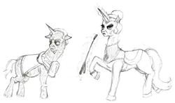 Size: 1644x972 | Tagged: safe, artist:hispurpleness, derpibooru import, oc, oc:magnifying glass, oc:nitpick, unofficial characters only, pony, unicorn, monochrome, oc villain, old, riding crop