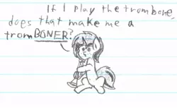 Size: 1024x626 | Tagged: suggestive, artist:binary6, derpibooru import, oc, oc:circuit, unofficial characters only, pony, unicorn, freckles, lined paper, pun, sketch, traditional art, trombone, vulgar