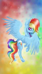 Size: 720x1280 | Tagged: safe, artist:black-opal1, derpibooru import, rainbow dash, pegasus, pony, female, looking back, mare, solo, spread wings, wings