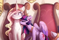 Size: 3344x2300 | Tagged: safe, artist:magnaluna, derpibooru import, princess celestia, twilight sparkle, twilight sparkle (alicorn), alicorn, pony, blushing, cheek fluff, chest fluff, colored wings, colored wingtips, cute, cutelestia, embarrassed, eyes closed, female, fluffy, frown, hnnng, lesbian, magnaluna is trying to murder us, mare, nuzzling, older, raised hoof, royal guard, shipping, sitting, smiling, sniffing, spread wings, sweat, sweatdrop, throne, twiabetes, twilestia, weapons-grade cute, wide eyes, wings